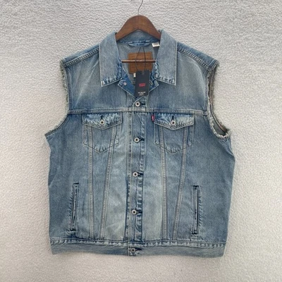 Levis Vest Mens L Blue Premium Trucker Jacket Cutoff Distressed Denim Grunge 90s - Image 1 of 4