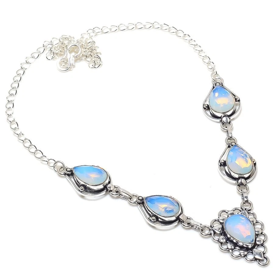 Fire Opal Gemstone Handmade 925 Sterling Silver Jwelery Necklace Size 18" - Image 1 of 1
