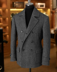 Dunkelgrauer Herren-Tweedblazer Fischgrätmuster Peacoat Oberbekleidung Jacke Mantel Herbst Winter - Bild 1 von 11