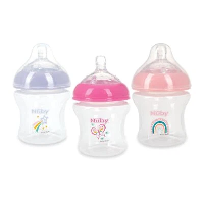 3 Pack Baby Bottles 6 oz Soft Slow Flow Nipples Star Rainbow Butterfly Prints - Image 1 of 4