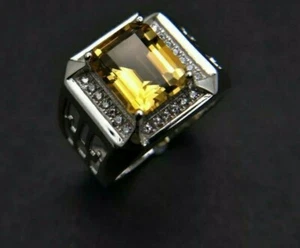 Natural Citrine Gemstone with 14K White Gold Plated Silver Ring for Men's AJ685 - Picture 1 of 12