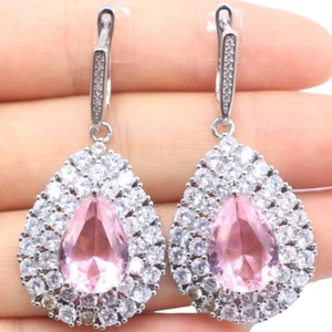 Buy 3 Get 1 Free 13g Water Drop Pink Kunzite CZ Women Wedding Silver Earrings - Picture 1 of 3
