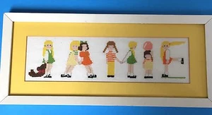 Little Girls Completed Cross Stitch Framed Play Best Friends Yellow Mat 17 x 7 - Picture 1 of 12