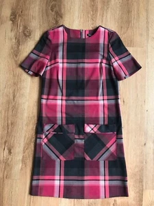 NEXT PINK RED CHECK SHIFT DRESS FORMAL WORK SHORT SLEEVE TUNIC SIZE 6 BRAND NEW - Picture 1 of 4