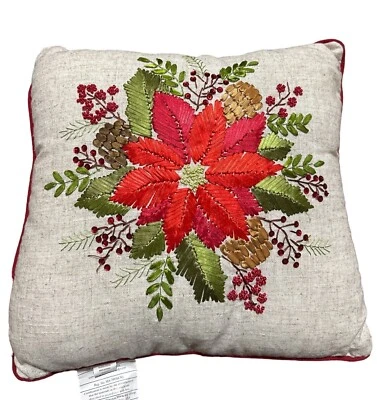 Decorative 16" Embroidered Christmas Throw Pillow Poinsettia Pinecone Design - Image 1 of 4