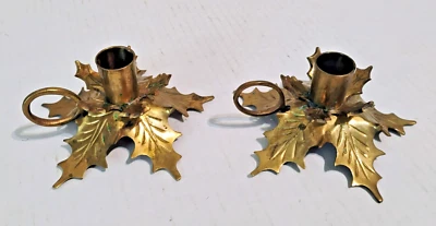 2 Vintage Brass Holly Leaf Candle Holders Layered Leaves Handcrafted in India - Image 1 of 4
