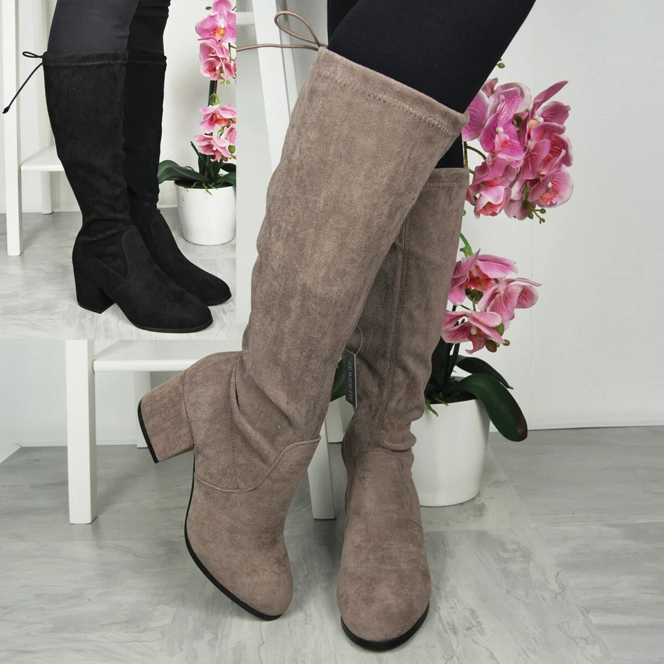 SHU MANIA WIDE FIT Stiefel Schuhe Damen Reißverschluss zum Binden Stretch modischer Absatz bequem Winter Größe