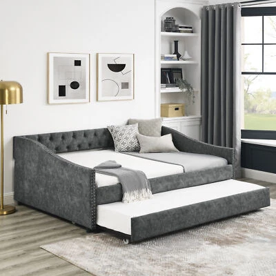 Full Size Daybed with Twin Size Trundle Upholstered Tufted Sofa Bed, with Button - Image 1 of 4