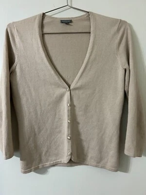 Vintage Ann Taylor Silk Blend V-Neck Button-up 3/4-Sleeve Cardigan, Tan XS - Image 1 of 4