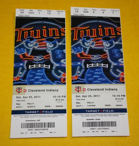 Minnesota Twins Ticket Stub | April 23 2011 | Grady Sizemore HR Cover