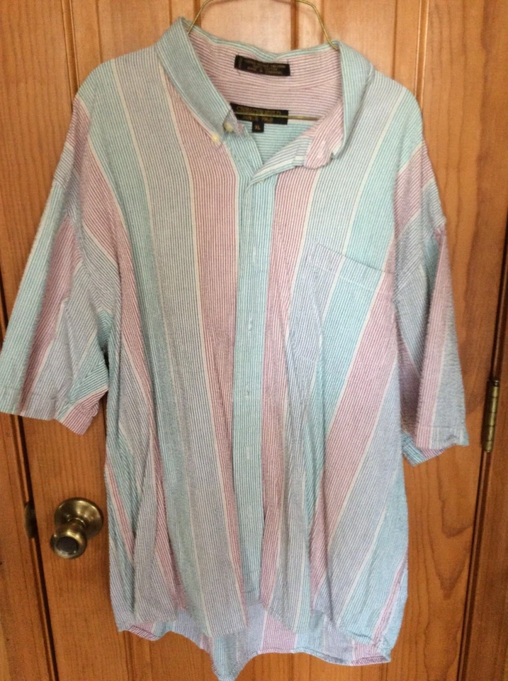 男式 Chesterfield 蓝色和红色条纹短袖纽扣衬衫 XL 码 — 第 1/1 张图片