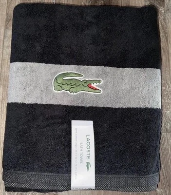 Toalla de baño Lacoste 100 % algodón 30" x 52" negro gris logotipo de cocodrilo grande Foto 1 de 4