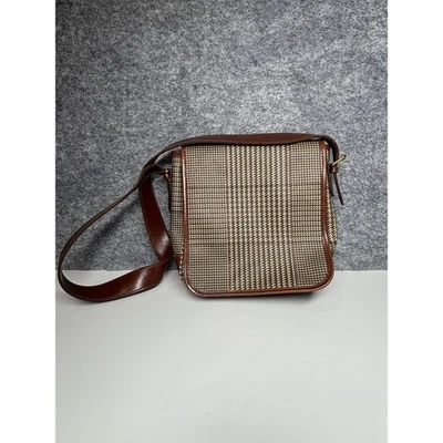 Polo Ralph Lauren Houndstooth Crossbody Bag Brown Leather Trim Small Purse - Image 1 of 4