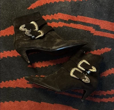 SAINT LAURENT Charlotte botín negro gamuza plata hebilla occidental EU41 Foto 1 de 4