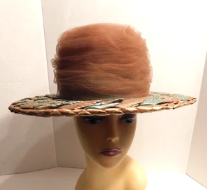 Schiaparelli, Paris 2-farbig gewebter Raffia, Netz mit hoher Krone, Hut mit breiter Krempe, A++ - Bild 1 von 16