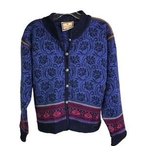 Dale Of Norway Cardigan Sweater Womens M Blue Knit 100% Wool Floral Button Front - Picture 1 of 6