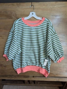 Anthropologie Pilcro Niki Bubble Sweatshirt Womens L Green Striped Half Sleeve - Picture 1 of 4