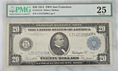 1914 $20 FRN San Francisco PMG VF-25 – Fr#1011b White/Mellon – Looks Better!! - Image 1 of 2
