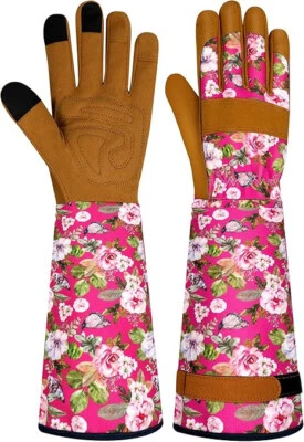 1 par de luvas de trabalho vermelhas L florais respiráveis à prova de espinhos couro jardinagem poda - Imagem 1 de 4