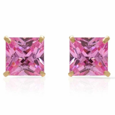 14K Yellow Gold 2Ct Princess October Birthstone Tourmaline Stud Earrings - Image 1 of 3