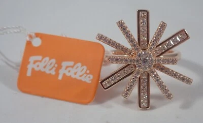 ANEL FOLLI FOLIE 925 PRATA ESTERLINA FOLHEADO A OURO ROSA ESTRELA FLOR CZ TAMANHO 5 - Imagem 1 de 4