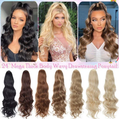Big Wavy Drawstring Ponytail Hair Piece Extensions 24" Wave Real Human 180G *UK* - Image 1 of 4