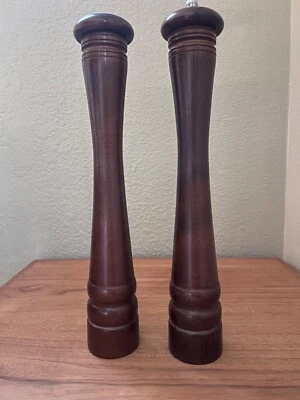 VERITY SOUTHALL SALT SHAKER AND PEPPER GRINDER - BROWN WOOD - 17" TALL - Image 1 of 4