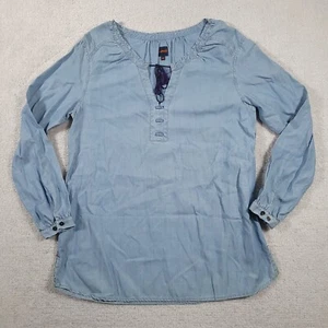 Jag Jeans Shirt Women's Medium Blue Chambray Tassled V Neck Long Sleeve - Picture 1 of 12