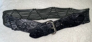 Cache Wide Tooled Leather V shape Size M Medium Black Belt woven body NICE! - Picture 1 of 7
