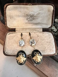 Vintage Black Cabuchon With Bee Emerald Cut Crystal Long Earrings Pierced Ears - Picture 1 of 7
