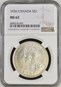 :1936 SILVER DOLLAR GEORGE-V S1$ CANADA KM# 31 NEAR CHOICE NGC MS62 BLAST WHITE - Picture 1 of 2