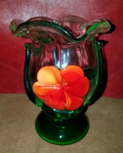 Schwere MURANO ART Glas klar GRÜN mit ROT orange Blume Briefbeschwerer Vase Schale - Bild 1 von 8