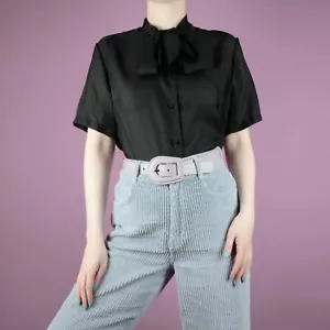 VINTAGE Womens Black Sheer Neck Tie Pussybow 70s Secretary Retro Blouse Top 14 M - Picture 1 of 11