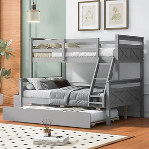 Twin over Full Bunk Bed with Trundle, Ladder & Safety Guardrail, Wooden Bunk Bed - Picture 1 of 6