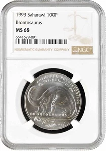 Western Sahara (Saharawi) 100 pesetas 1993, NGC MS68, "Brontosaurus" Top Pop 1/0 - Picture 1 of 2