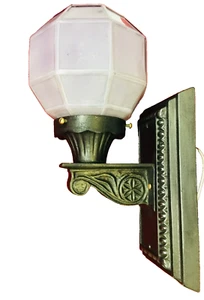 Antique Cast Iron Sconce Light Porch Hall Entry Paneled Globe Purple Haze Glass - Picture 1 of 16