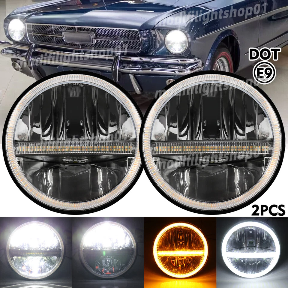 2X Lâmpada DRL DOT 7" Polegadas Faróis de LED Redondos Hi/Lo para Ford Mustang F-150 F-100 - Imagem 1 de 4