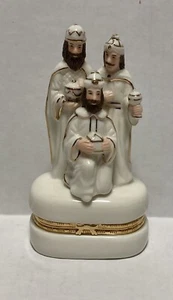 Porcelain Christmas Wise Men Trinket Box Figurine Ivory Gold Trim Unbranded - Picture 1 of 9