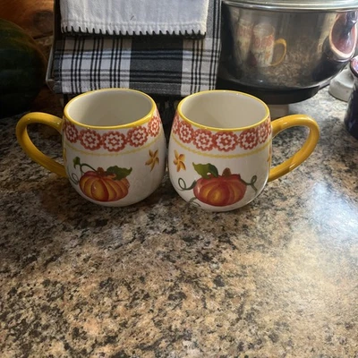 2 Temp-tations 14oz White Yellow Orange Pumpkin Autumn Ceramic Mugs - Image 1 of 4