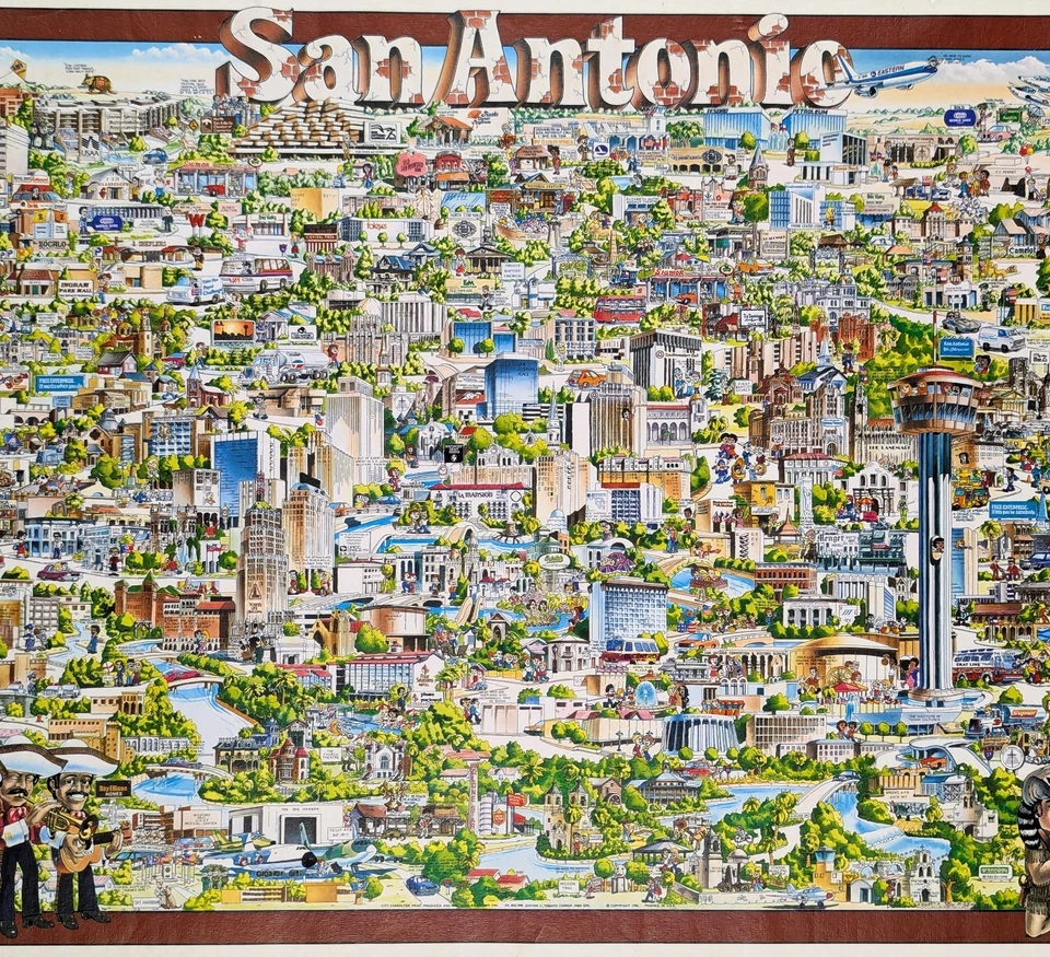 1981 САН-АНТОНИО живописная карта оригинал (17 x 12) RIVERWALK - ALAMO - MARIACHIS - Изображение 1 из 4