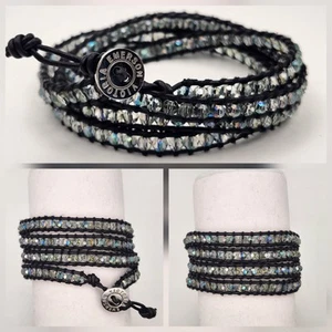 Victoria Emerson Wrap Bracelet Black Leather Faceted Clear Crystal Beads 34-36" - Picture 1 of 5