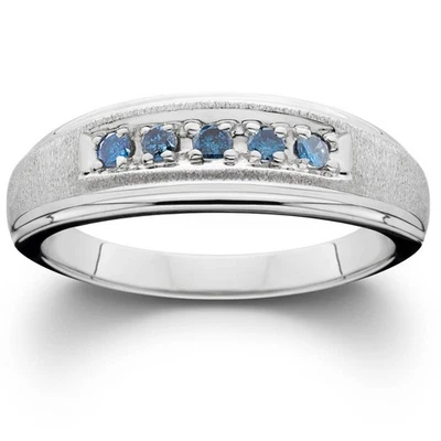 Alianza de boda de diamantes azules tratados de 1/6 quilate anillo de oro blanco de 14 k para hombre Foto 1 de 4