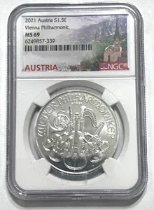 2021 NGC MS69 1,5 Euro Österreich Wiener Philharmoniker 1 oz .999 Silbermünze MS-69 - Bild 1 von 5