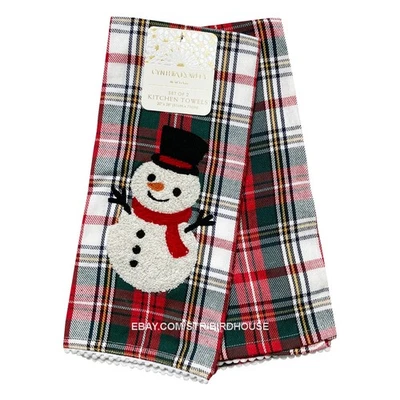 Juego de toallas de cocina a cuadros muñeco de nieve Cynthia Rowley 2 pompones bordados de Navidad Foto 1 de 4