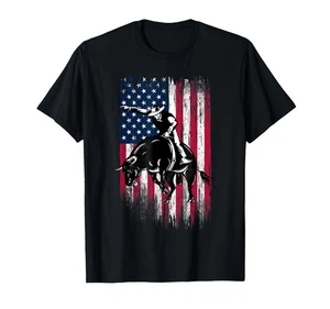 MENS 4X Rodeo Bull Rider Patriotic American Flag Cowboys BLACK TSHIRT - Picture 1 of 1