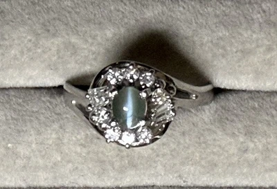 Platinum Cats eye Alexandrite Ring with Baguette and Round Diamond Halo 0.52ctw - Image 1 of 4