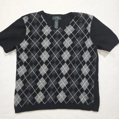 RALPH LAUREN SAVILLE ROW Argyle Black Gray 100% Lambswool Short Sleeve Top. L  - Image 1 of 4