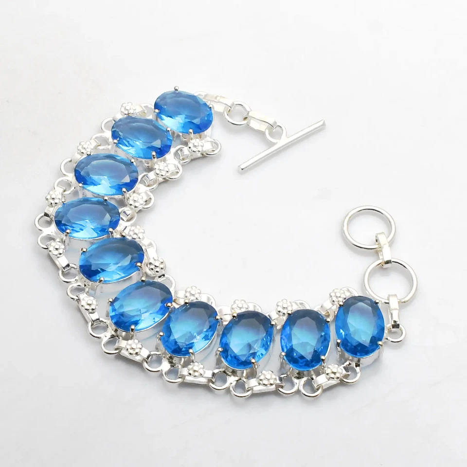 Blue Topaz Gemstone Handmade Bracelet Jewelry 26 Gms Gift For Christmas AB 25423 - Image 1 of 1