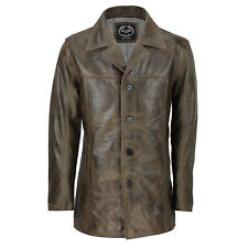 Men’s Real Leather Reefer Jacket Retro Style Mid Length Coat in Antiqued Brown