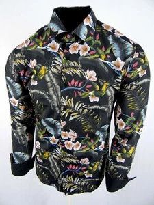 Mens Luxury Shirt Black Colorful Tropical Floral Prints Slim Fit Designer Casual - Picture 1 of 6